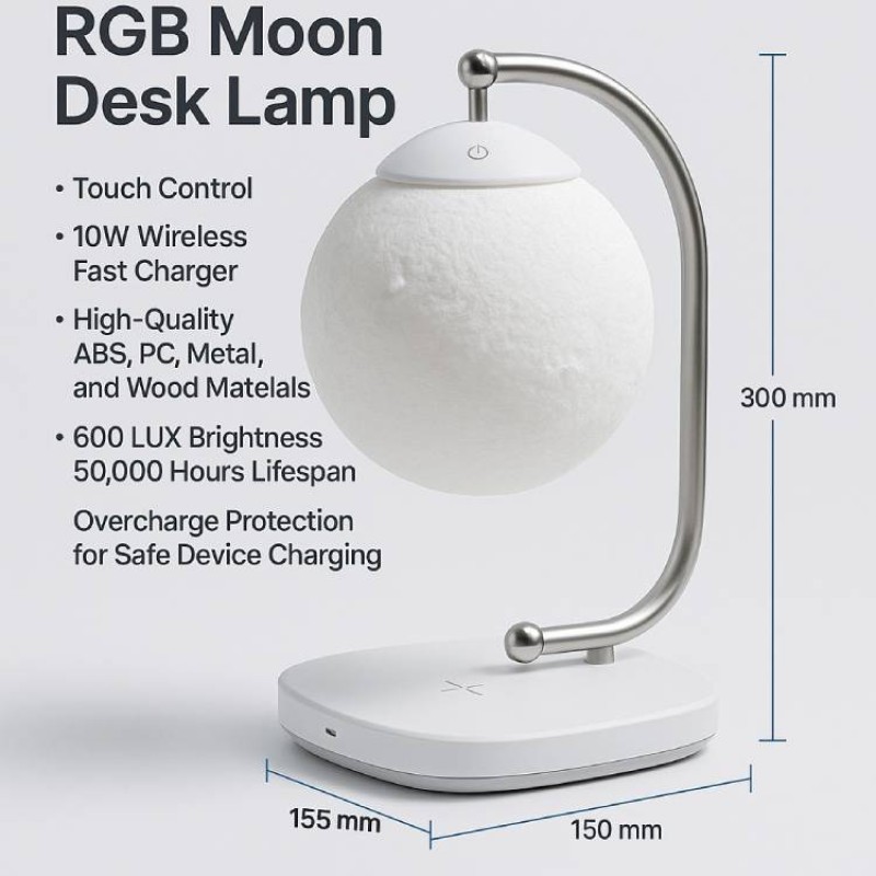 RGB Moon Desk Lamp with 10W Wireless Fast Charging – Stylish Multifunctional Night Lamp