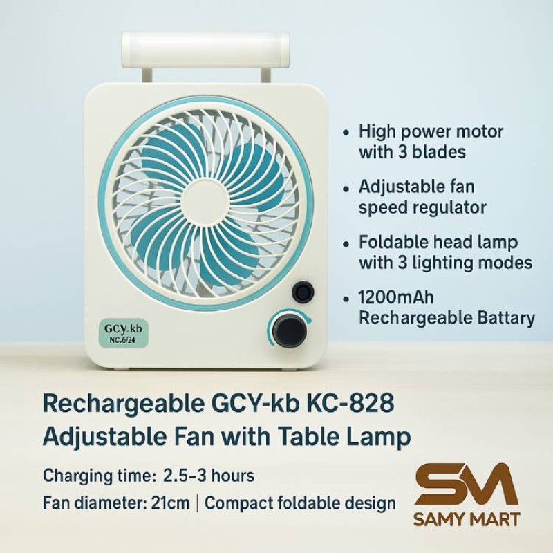 Rechargeable GCY-kb KC-828 Adjustable Fan with Table Lamp – Portable Foldable Table Fan with LED Light